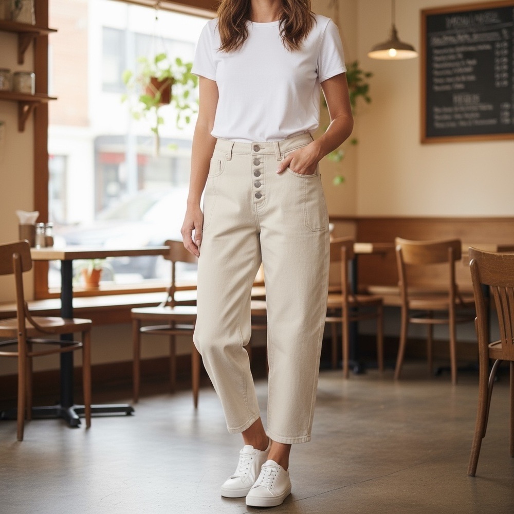 Miou Muse High Rise Barrel Pants Cream Baggy Relaxed Button Fly